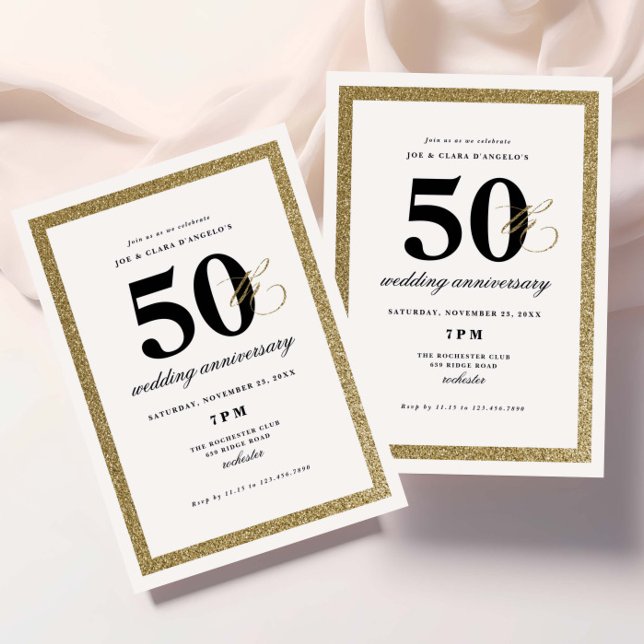 Invitation Élégant 50e anniversaire de Mariage noir et or (Elegant black and gold glitter milestone wedding anniversary invitations.)