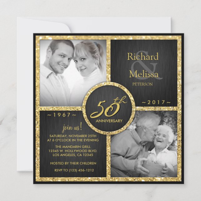 Invitation Élégant 50e anniversaire de Mariage noir et or (Devant)