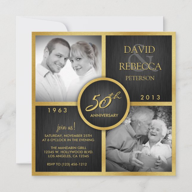 Invitation Élégant 50e anniversaire de Mariage noir et or (Devant)