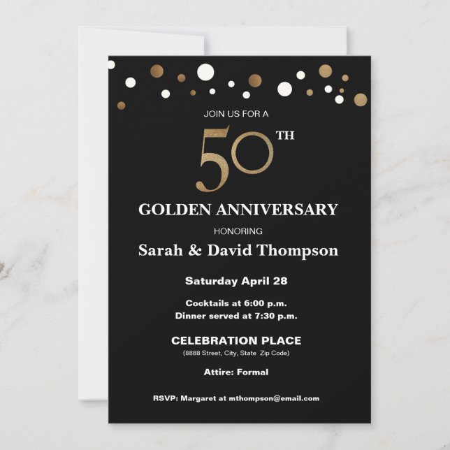 Invitation Élégant 50e anniversaire de mariage or et noir (Devant)