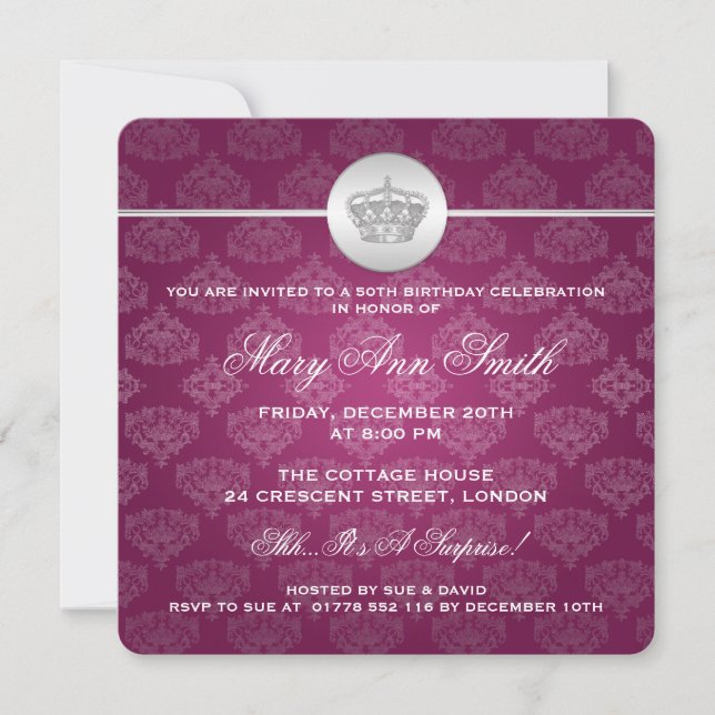 Invitation Élégant 50e anniversaire du parti Royal Crown Pink (Devant)