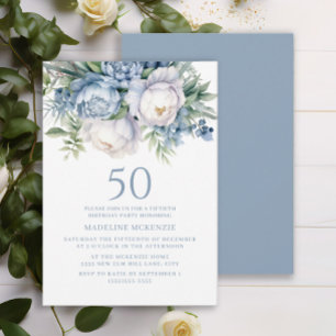 Invitation Elégant 50e anniversaire floral bleu poudré blanc