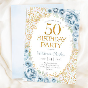 Invitation Elégant 50e anniversaire floral bleu poussiéreux o