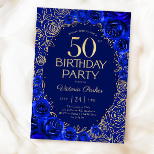 Invitation Elégant 50e anniversaire floral bleu roi or