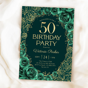 Invitation Élégant 50e anniversaire floral émeraude vert or