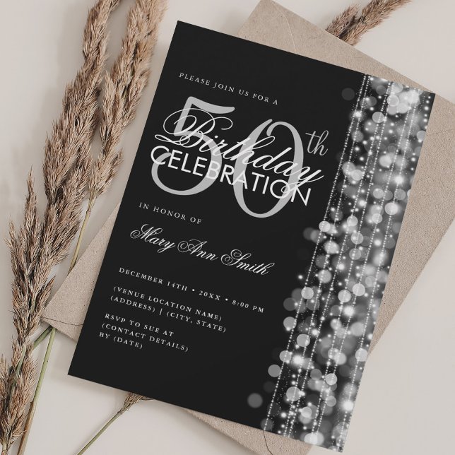 Invitation Élégant 50e anniversaire Glam étincelles argent et (Elegant 50th Birthday Glam Sparkles Silver & Black Invitation)