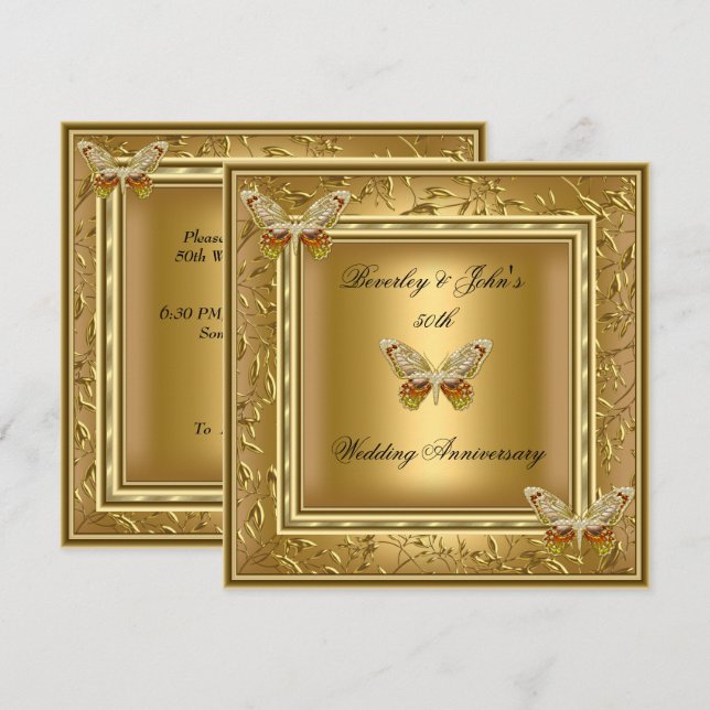 Invitation Élégant 50e anniversaire Mariage Gold Damask (Devant / Derrière)