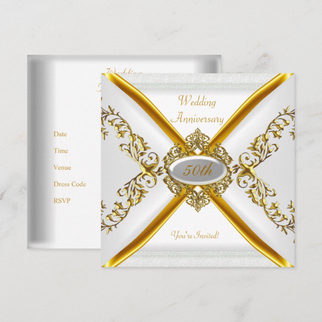 Invitation Élégant 50e anniversaire Mariage Or blanc 2 (Devant / Derrière)