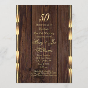 Invitation Élégant 50e anniversaire Mariage or Rustique Bois