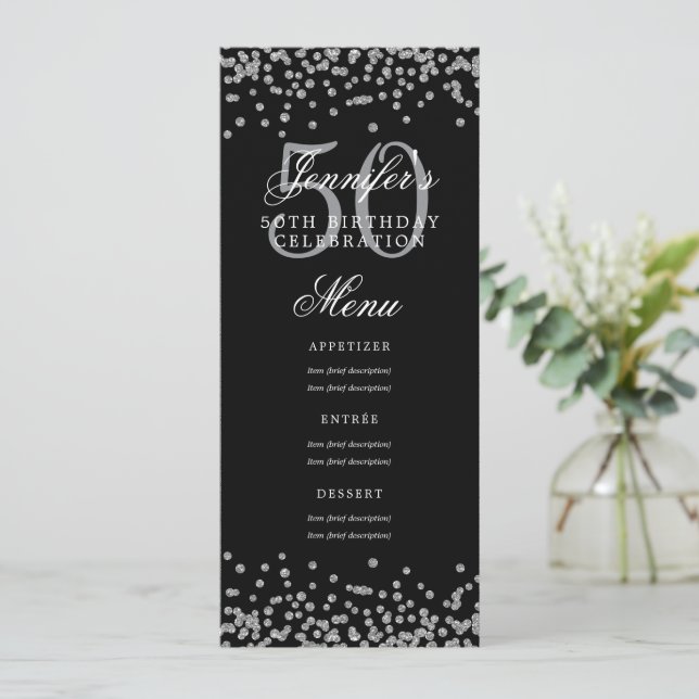 Invitation Elégant 50e Anniversaire Menu Argent Noir Confetti (Debout devant)