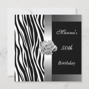 Invitation Elégant 50e Anniversaire Noir Blanc Argent Zèbre