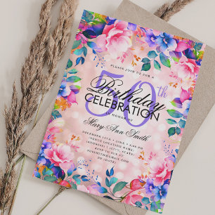 Invitation Elégant 50e anniversaire Rose or arc-en-ciel Flora