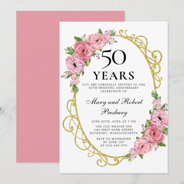 Invitation Élégant 50e anniversaire Rose rose floral Invitati (Devant / Derrière)