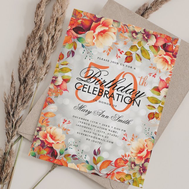Invitation Elégant 50e anniversaire Silver Automne automne Fl (Elegant 50th Birthday Silver Fall Autumn Floral Invitation)