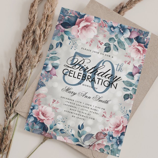 Invitation Élégant 50e anniversaire Silver Blue Floral Lumièr (Elegant 50th Birthday Silver Blue Floral Lights Invitation)