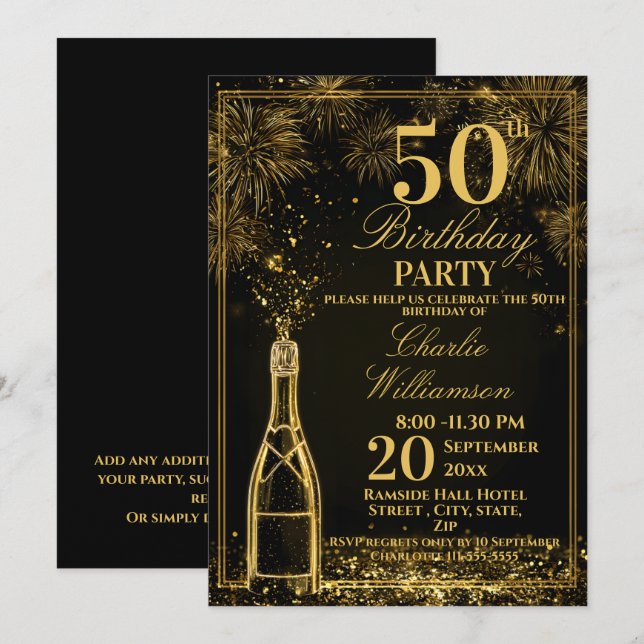 Invitation Elegant 50th Birthday Gold Bottle Fizz (Devant / Derrière)