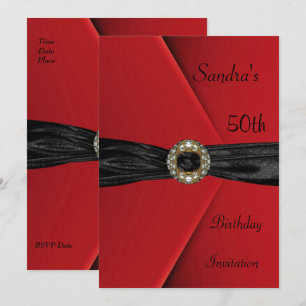 Invitation Elegant 50th Red Velvet Pearl Jewel Bow