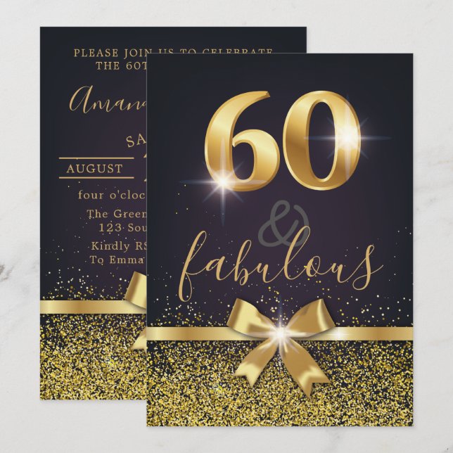 Invitation Élégant 60 & Fabulous Gold Parties scintillant 60e (Devant / Derrière)