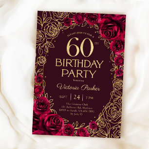 Invitation Élégant 60e Anniversaire Bordeaux Or Floral