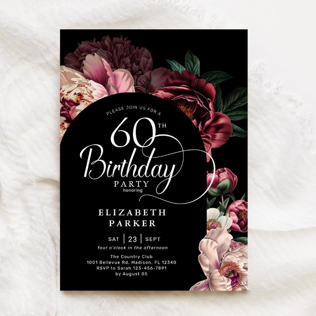 Invitation Élégant 60e anniversaire Bourgogne Pies Roses (Créateur téléchargé)
