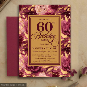 Invitation Élégant 60e Anniversaire Bourgogne Rose Doré Flora