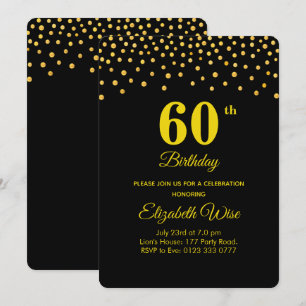Invitation Élégant 60e anniversaire & Gold Confetti sur Noir