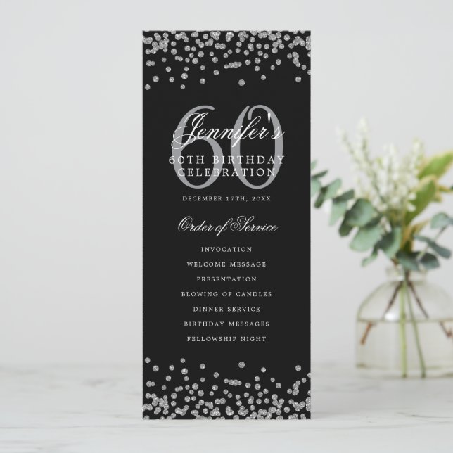 Invitation Élégant 60e Anniversaire Menu Confetti Argent (Debout devant)