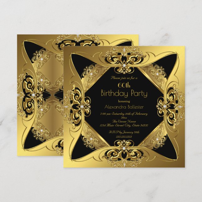 Invitation Élégant 60e Anniversaire Soirée Gold Black Diamond (Devant / Derrière)