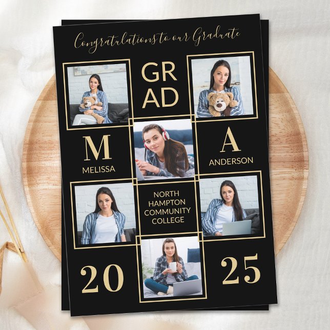 Invitation Elégant 6 Photo Personnalisé Black Gold Graduation (Créateur téléchargé)
