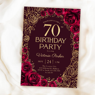 Invitation Elégant 70e Anniversaire Bordeaux Or Floral