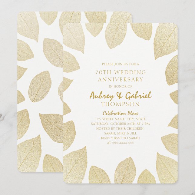 Invitation Élégant 70e Anniversaire de Mariage Feuilles Dorée (Devant / Derrière)