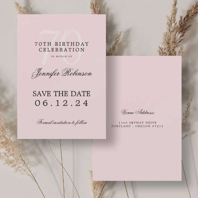 Invitation Elégant 70e anniversaire Enregistrer la date Blush (Elegant 70th Birthday Save the Date Blush Pink Invitation)
