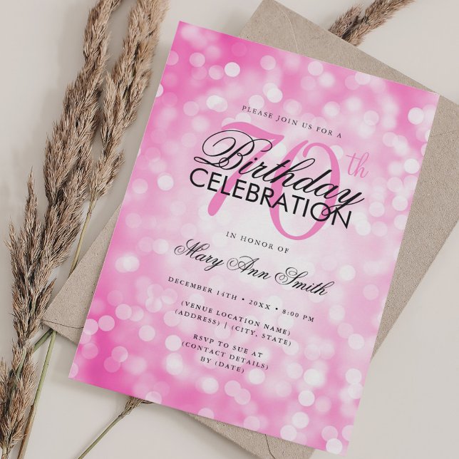 Invitation Élégant 70e anniversaire Glam Hot rose Shimmer Lum (Elegant 70th Birthday Glam Hot Pink Shimmer Light Invitation)