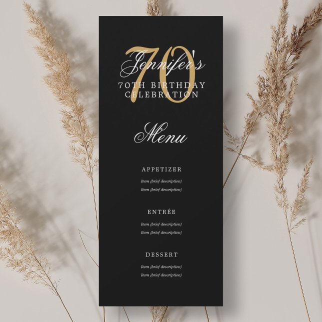 Invitation Elégant 70e Anniversaire Menu Gold Noir (Elegant 70th Birthday Party Menu Gold Black Invitation)