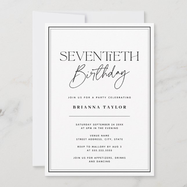 Invitation Elégant 70e anniversaire Noir & Blanc (Devant)
