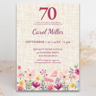Invitation Élégant 70e anniversaire pour elle - Fleurs en lin
