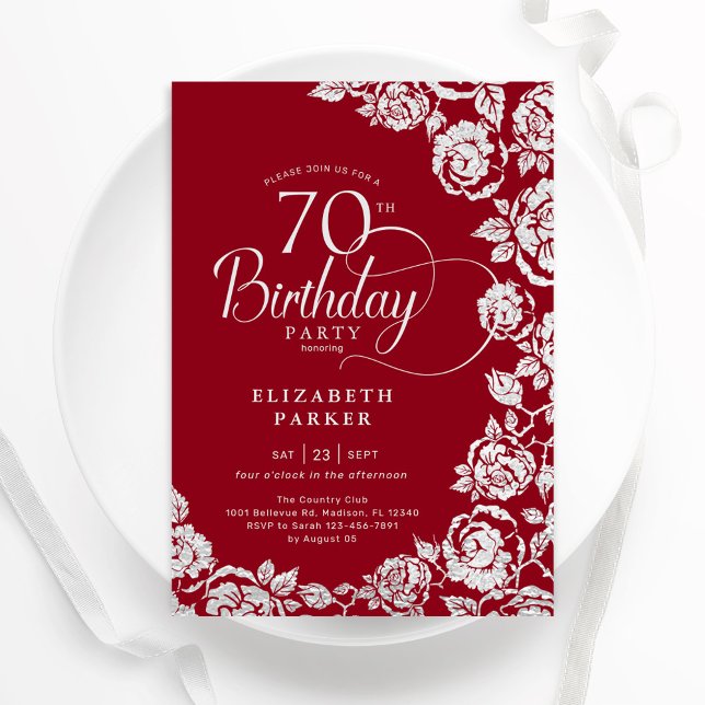Invitation Élégant 70e anniversaire Roses d'argent rouge (Créateur téléchargé)
