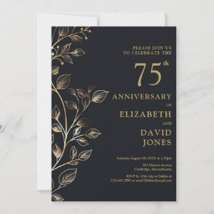 Invitation Élégant 75e anniversaire de Mariage noir et or
