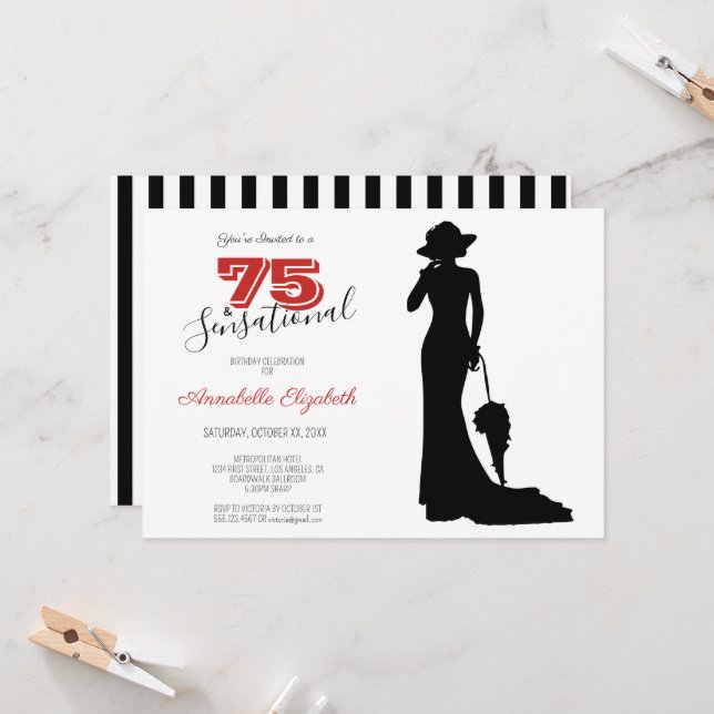 Invitation Elégant 75e anniversaire rouge/noir 75 & SENSATION (Devant/Arrière en situation)