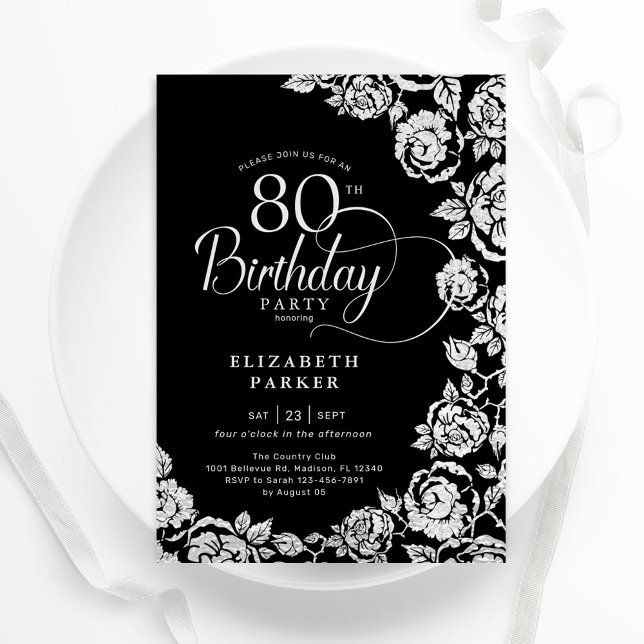 Invitation Élégant 80e anniversaire Black Silver Roses (Créateur téléchargé)