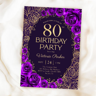Invitation Élégant 80e Anniversaire Fleurs Violettes Or