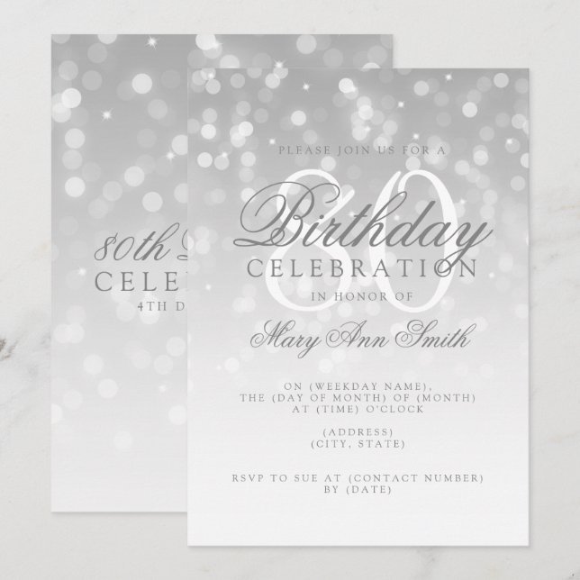 Invitation Élégant 80e anniversaire Silver Bokeh éclat (Devant / Derrière)
