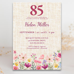 Invitation Élégant 85e Anniversaire pour Elle - Floral Lin