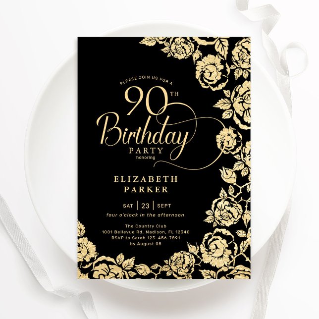 Invitation Élégant 90e anniversaire Black Gold Roses (Créateur téléchargé)