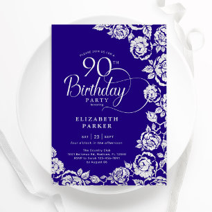 Invitation Élégant 90e anniversaire violet Roses d'argent