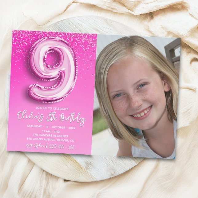 Invitation Elegant 9th Birthday girl with photo Numer Ballon (Créateur téléchargé)