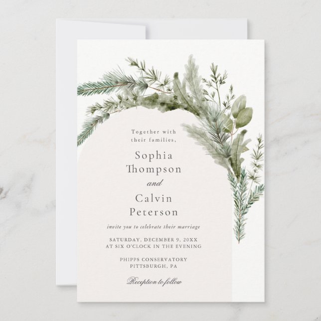 Invitation Élégant À feuillage persistant hiver Mariage de ve (Devant)