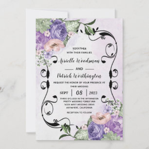 Invitation # Élégant aérien Boho floral violet et argent mari