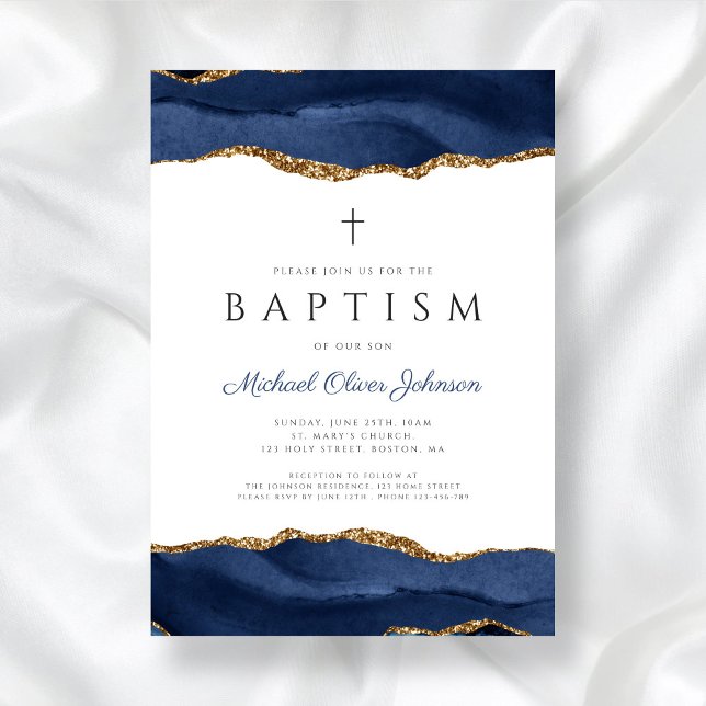 Invitation Élégant Agate Bleu Religieux Baptême Bébé (Elegant Blue Agate Religious Baby Baptism Invitation)