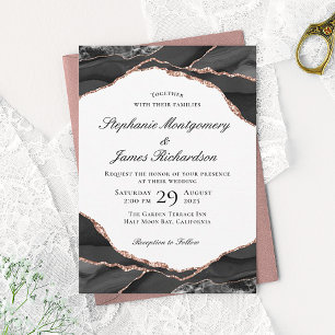 Invitation Élégant Agate noir blanc Rose or Mariage d'huile